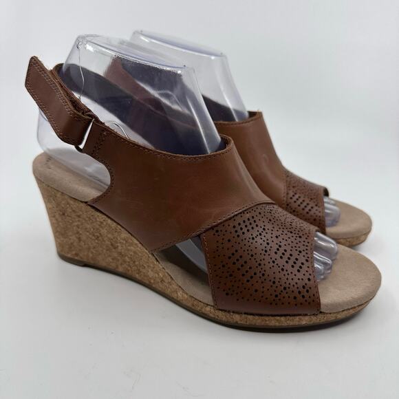 Clarks Lafley Joy Wedge Sandals Open Toe Leather Brown Womens Size US 7.5 EU 38 - Picture 2 of 8
